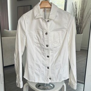 Chico’s Frayed Hem White Denim Shirt.